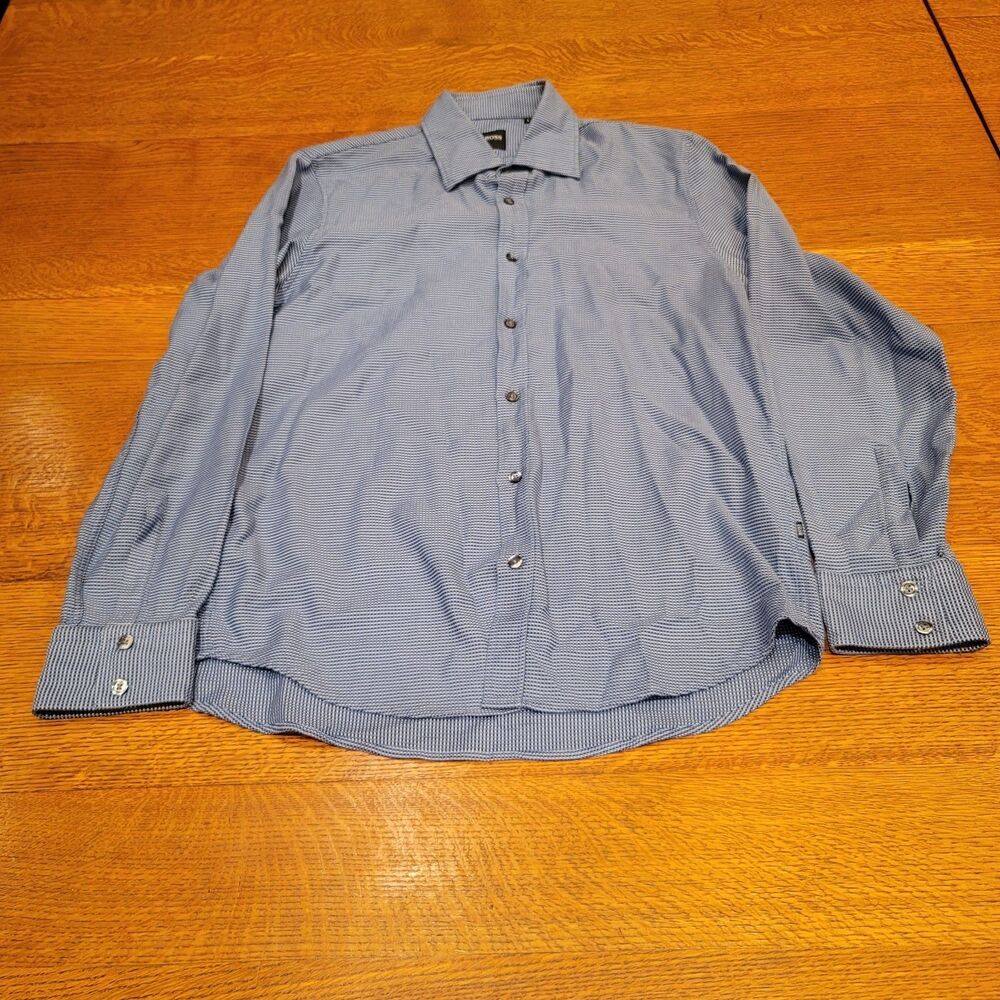 Hugo Boss Button Down Shirt Large Blue Striped Checkered 100% Cotton